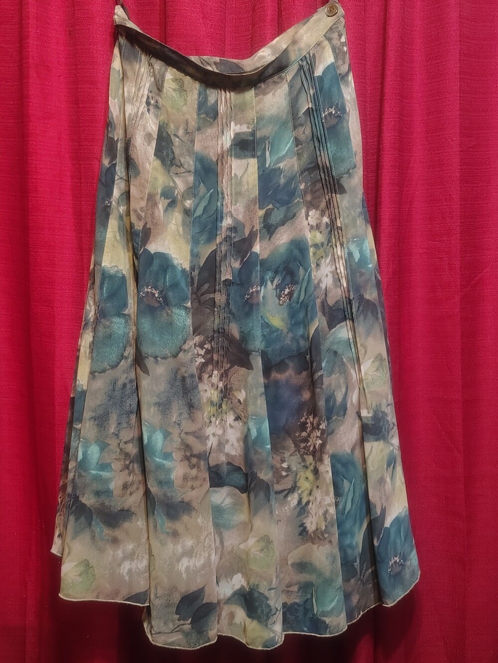 Beautiful Jones New York Floral Chiffon A-Line Skirt Pleated Teal/Tan Petite 4P